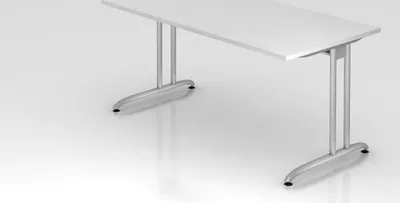 Produktbild von Schreibtisch Markku | Weiß | BxT 160x80cm | Arbeitshöhe 72cm | höhenjustierbar 0-10 mm | C-Fuß-Gestell Silber | Rechteckform