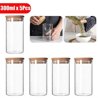 Image de Bocaux en verre pour la conservation des aliments - Rangement pour la cuisine avec couvercle en bois - Hermétiques - Verre borosilicaté - Lot de 5 - 300 ml