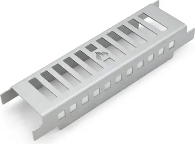 A silver metal grill grate with rectangular cutouts, shown from a diagonal angle against a white background.