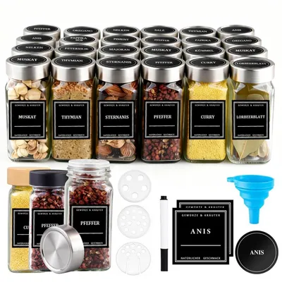 Produktbild von 24er Gewürzgläser-Set 120 ml Eckig Luftdicht mit Edelstahldeckeln Streueinsätzen inkl. Trichter Reinigungsbürste
