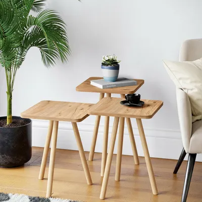 Produktbild von Beistelltisch 3er Set Eiche Satztisch Skandinavisches Design Massivholz Beine Couchtisch Sofatisch Wohnzimmer Schlafzimmer Flur 7 Farbvarianten