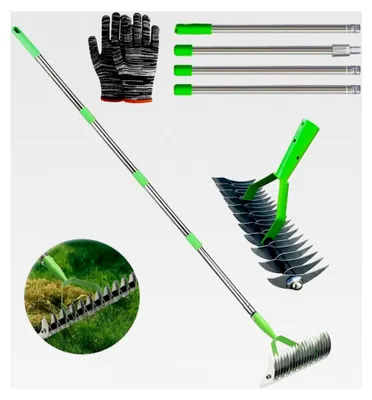Produktbild von Vertikutierer mit 160 cm Stiel, Schneidrechen für den Garten, Moosrechen, verstellbarer Handvertikutierer, Bodenrechen zur Reinigung von abgestorbenem Gras, für Garten, Hof, Rasen