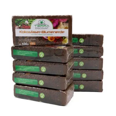 Produktbild von Kokosfaserhumus 10x650 g – ergibt ca. 90 L Blumenerde – Kokoserde Ziegel gepresst – torffreie Anzuchterde für Pflanzen, Kräuter & Gemüse