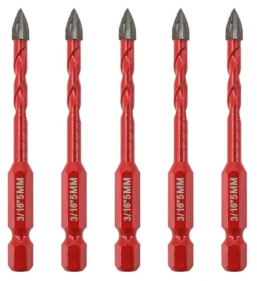 Productafbeelding van Boorset voor tegels, 5 mm, 5 stuks. Hardmetalen boren met snelwissel-zeshoekige schacht voor hout, kunststof, metselwerk, keramische tegels, beton en marmer