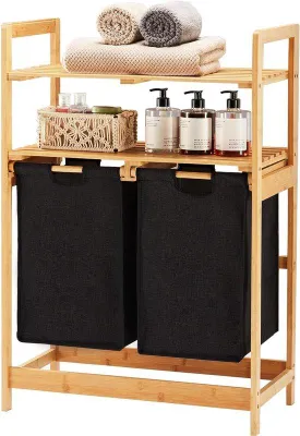Produktbild von Bambus-Wäschekorb mit 2 Einlegeböden und herausnehmbaren Wäschebeuteln – Ideal für Schlafzimmer, Badezimmer und Waschküche – 93 x 64 x 33 cm Schwarz