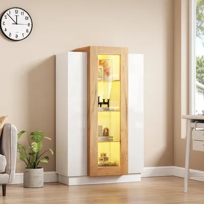 Image de OKWISH Vitrine avec 3 Portes Transparentes et LED via App - Étagères en Verre et Tiroir - 74x40x120 cm - Blanc