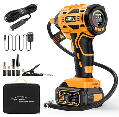 Imagen del producto de Compresor de aire inalámbrico - 21V - 180 vatios de potencia - 12,4 bares de presión máxima de trabajo - Para automóviles y bicicletas - Compresor de emergencia