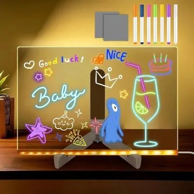 Produktbild von 30 x 20 cm große, beleuchtete Acryl-Nachrichtentafel mit LED-Beleuchtung, 7 Neonstiften, verstellbarem Ständer, kreatives Geschenk für Kinder und Mädchen