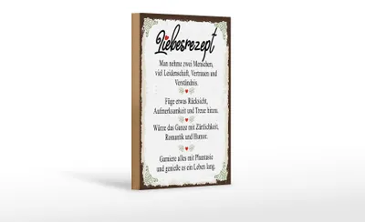 Produktbild von Holzschild Liebesrezept nehme 2  Menschen Retro, 18x12 cm, Holzschilder Spruch Glück Weisheit Liebe Paar