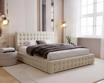 Image de BESILIO Lit rembourré et capitonné 160x200 Palmo – Lit Chesterfield avec espace de rangement, boutons capitonnés – Beige