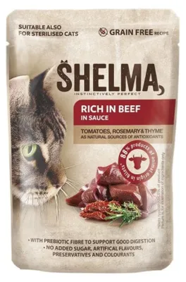 Produktbild von SHELMA Sachet - ein getreidefreies Alleinfuttermittel für ausgewachsene Katzen. Reich an Rindfleisch, mit Tomaten und Kräutern in Sauce 85 g