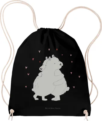 Produktbild von Mr. & Mrs. Panda Jutebeutel Eisbär Umarmen - Schwarz - Geschenk, wander rucksack, Lustige Sprüche, Beutel, mit kordel, sporttasche klein, Baumwolltasche