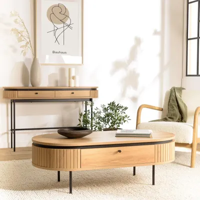 Produktbild von ETHAN – Abgerundeter Couchtisch aus naturfarbenem Holz mit 2 Schubladen