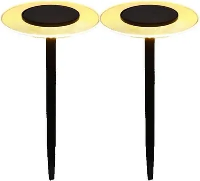 Zdjęcie produktu dla Solarna Lampa Ogrodowa LED, 2 szt., LUMISKY UFO, Biała Ciepła, Wysokość 35 cm, Do Wbijania, 9 Godzin