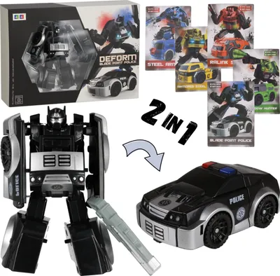 A collage of a transforming toy robot that can change into a police car, with multiple variations shown in packaging.
