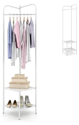Produktbild von Eck-Garderobenständer aus Metall, 3-in-1 Kleiderständer mit Kleiderstange, Schuhregal und Ablagen, freistehende Garderobe für Flur, Wohnzimmer, Schlafzimmer (Weiß)