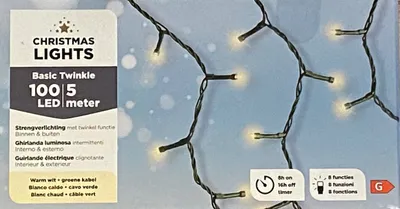 The image shows the packaging of Christmas lights, with a portion of the lights themselves visible.
