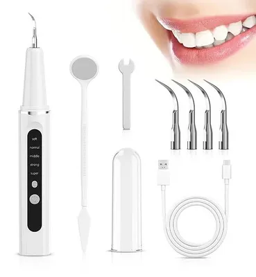 Produktbild von 400mAh Akku Munddusche mit 4x Ersatzaufsätzen und Spiegelaufsatz, Elektrische Zahndusche - DENTELA
