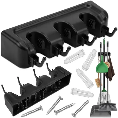 Produktbild von KRUMAD Besenhalterung Wand, 3 Regale und 4 Haken für Gartengeräte, Kompakter Werkzeughalter, Robustes PP+TPE Material, Ideal für Garage und Abstellrau