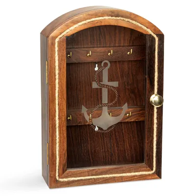 Schlüsselbox aus Holz mit Glasfront, 8 Haken, Anker-Motiv