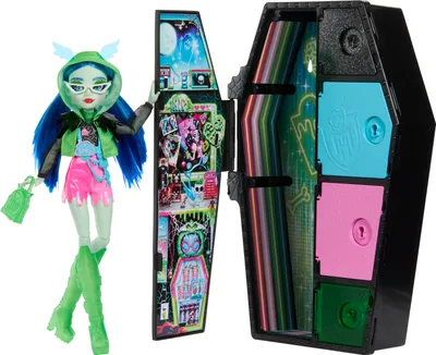 A Monster High doll and its coffin-shaped accessory case are displayed against a white background.