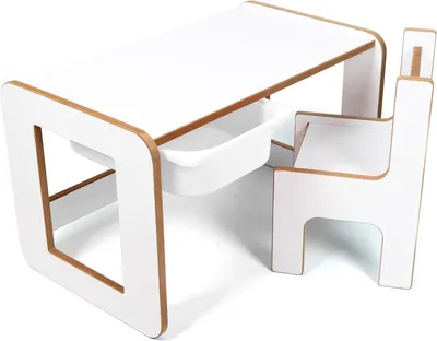 Produktbild von Weißer Kindertisch mit Schublade, Spieltisch mit Hochstuhl und Kinderschreibtisch aus Holz
