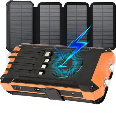 A solar power bank with multiple solar panels and built-in cables is displayed against a white background. A blue lightning bolt graphic and concentric circles indicate charging.
