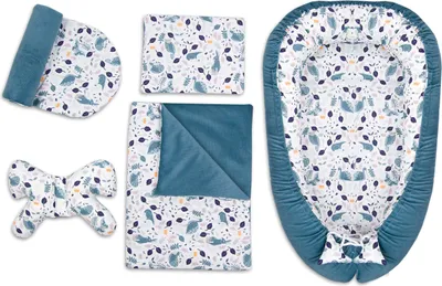 Obrázok produktu pre PIMKO Velvet Babynestchen Kuschelnest 5-dielna sada Ink. teplé detské hniezdo 90x55 cm vankúš detská deka multifunkčné 2-stranné hniezdo pre bábätká super mäkké detské hniezdo (smrek)
