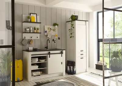 Produktbild von Küchenmöbel Küchen Set, Pinie weiß Nb. mit anthrazit, Stauraumschrank mit Softclose, Spütlisch 133cm Scheunentorbeschläge, Wandregal mit 3 Haken