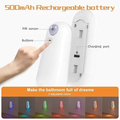 Zdjęcie produktu dla Czujnik ruchu, lampa LED, 8 kolorów, ładowanie przez USB-C, wodoodporna, lampka nocna do łazienki, korytarza i schodów, zestaw 2 sztuk.