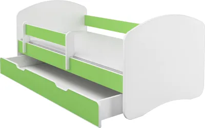 A child's bed with a pull-out drawer, shown from a side angle.