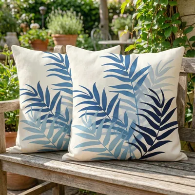 Produktbild von Set mit 2 Outdoor-Kissenbezügen (50 x 50 cm), wetterfest, dekorative Kissen mit Blattmotiv, beidseitig bedruckt, moderne Leinen-Sommerkissen für Sofa, Garten, Balkon und Camping