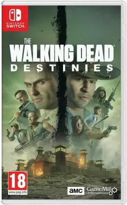 The cover art for the Nintendo Switch game 'The Walking Dead: Destinies' features several characters from the series, a prison-like building, and the game's title.