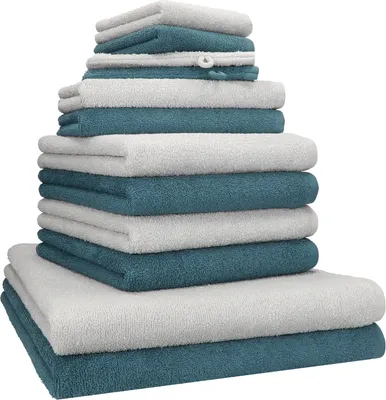 Produktbild von Betz 12-tlg. Handtuch-Set BERLIN 2 Liegetücher 4 Handtücher 2 Gästetücher 2 Seiftücher 2 Waschhandschuhe 100% Baumwolle Farbe: silbergrau / taubenblau