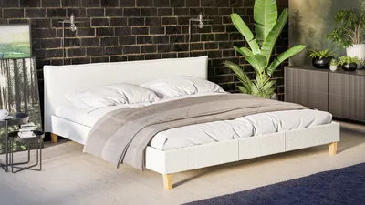 Produktbild von S-STYLE MÖBEL - Polsterbett 200x200 Thea Weiß Boucle Stoff Füße aus Massivholz