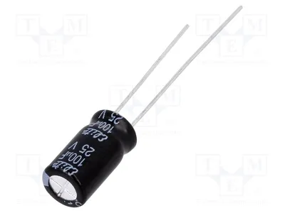 Zdjęcie produktu dla 20 sztuk kondensatorów: elektrolitycznych, średnica 6,3 mm, długość 11 mm, pojemność 100 µF, napięcie 25 VDC, montaż przelotowy, tolerancja 20%, oznaczenie PF1E101MNN6311U