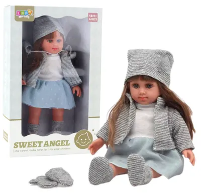 Produktbild von Puppe in blauem Kleid, Hut, Pullover und Handschuhen, 36,5 cm