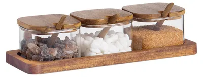 Image de Sucrier En Verre Et Bois D'acacia, 3 Pièces Avec Plateau, 27 X 10,5 X 7 Cm