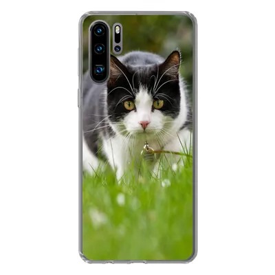Produktbild von MuchoWow® Handyhülle Schutzhülle Hülle für Huawei P30 Pro Katze - Gras - Schwarz - Weiß - Mädchen - Kinder - Jungen - Kinder Silikon Softcase Handy Hülle - Schutzdeckel
