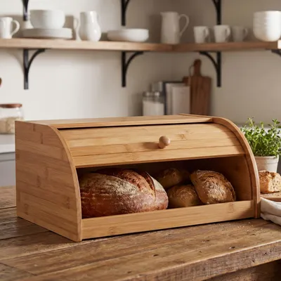 Image de Boîte à pain HWC-B80, Boîte à pain Panier à pain Rangement du pain, Bambou couvercle roulant ~ 17x40x28cm, sans tiroir