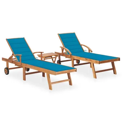 Produktbild von Sonnenliegen 2 Stk. mit Tisch und Auflagen Massivholz Teak