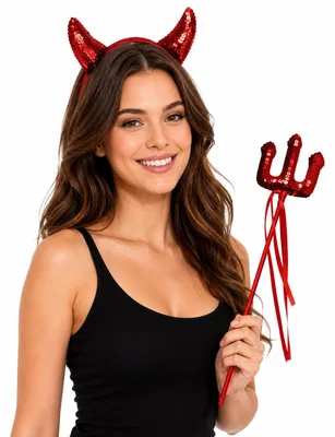 Produktbild von Teufel Kostümset Damen 2-tlg. | Hörner & Dreizack mit Pailletten | 414028