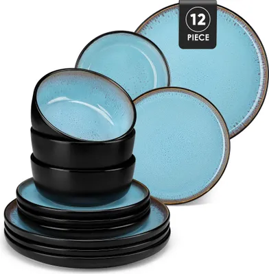Image de Set de vaisselle, céramique faite à la main, durable et sûr, bleu, 12 pcs-b