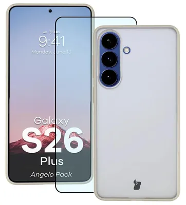Produktbild von Schutzhülle + gehärtetem Glas für Galaxy S26 Plus, Bizon Angelo Pack, Semitransparent mit beigem Rahmen