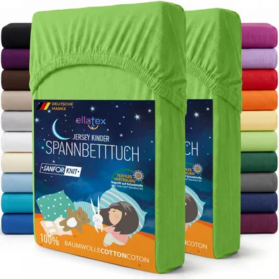 Produktbild von EllaTex 2er Pack Jersey Kinder Spannbettlaken 70x140 Baumwolle – Spannbetttücher Set für Babybett & Kinderbett, Farbe: Apfelgrün