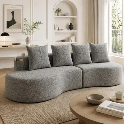 Zdjęcie produktu dla Sofa z tkaniny lnianej w kolorze jasnoszarym z 4 poduszkami, sofa tapicerowana, nowoczesna sofa wypoczynkowa, sofa do salonu z uchwytami na kubki i kieszeniami bocznymi, sprężynowa, mała sofa