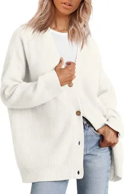 Produktbild von ASKSA Damen Strickjacke Strick Outwear V-Ausschnitt Vorne Offen Leicht Lockere Pullover mit Knoepfen, Weiss, S