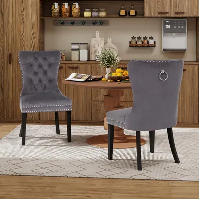 Productafbeelding van Puluomis eethoekstoelen, set van 2, fluweel, keukenstoel, gestoffeerde stoel, fauteuil voor de eethoek met massief houten poten en nageldetails, elegant en stijlvol, grijs