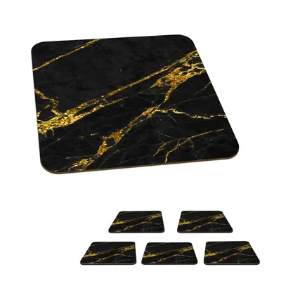 Obrázek produktu pro KitchenYeah® Skleněné podtácky Square Set of 6 Marble - Gold - Black - Pattern 10x10 cm Coasters for Glasses - Drink Coasters - Table Top Protectors - Table Coasters for Cups Table Bar Glasses