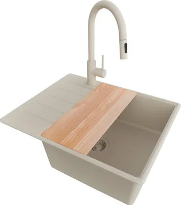 Produktbild von PRIMAGRAN Granitspüle Beige 62x50cm, Spülbecken 1 Becken + Küchenarmatur 40x20cm + Ablauf-Set + Schneidebrett, Küchenspüle ab 50er Unterschrank - Kopenhagen